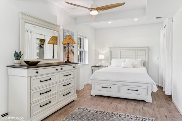 bedroom with light wood-style flooring, baseboards, recessed lighting, beam ceiling, and ceiling fan
