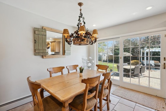 dining room featuring an inviting chandelier, a baseboard radiator, recessed lighting, and light tile patterned flooring
