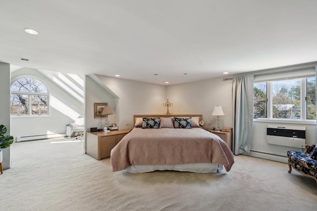 bedroom with a baseboard radiator, multiple windows, and light carpet