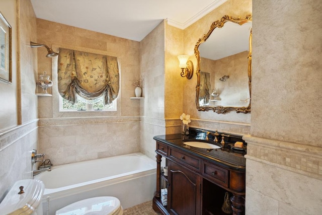 bathroom with vanity, toilet, tile walls, a shower, and a bath