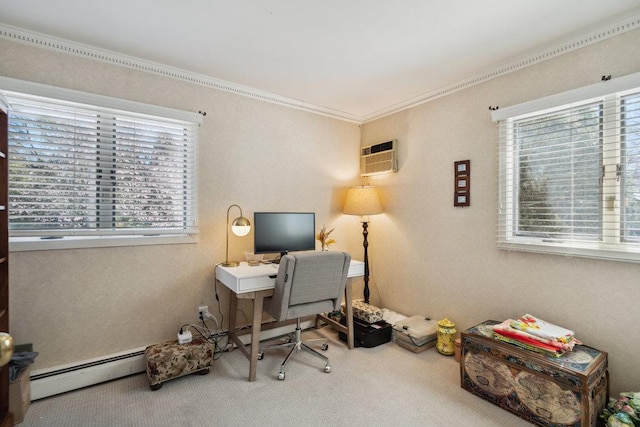 carpeted office space featuring crown molding, a baseboard radiator, and an AC wall unit