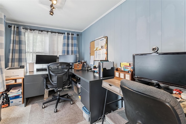 office with ornamental molding and carpet flooring