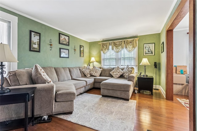 living room featuring wood-type flooring, ornamental molding, and baseboards
