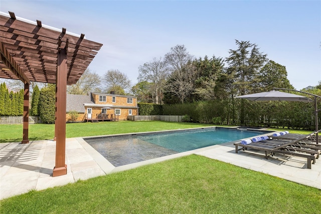 96 Audubon Ave, Bridgehampton, NY 11932 - outdoor pool with a yard, fence, a pergola, and a patio area