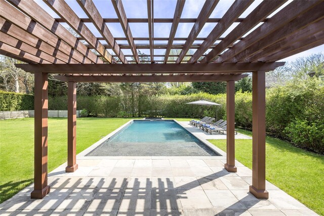 96 Audubon Ave, Bridgehampton, NY 11932 - pool with a pergola, fence, a patio, and a yard