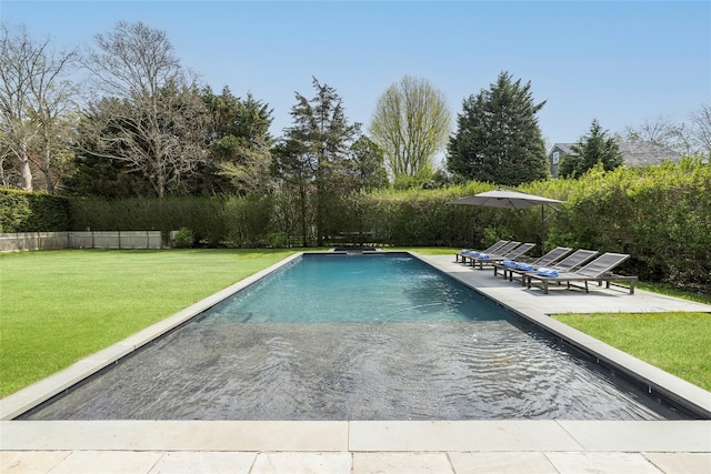 96 Audubon Ave, Bridgehampton, NY 11932 - view of pool featuring a lawn, a patio area, a fenced in pool, and fence