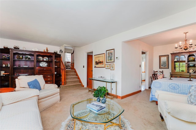 249Slosson Ave, Staten Island, NY 10314 - carpeted living room featuring baseboards, a wealth of natural light, stairway, and an inviting chandelier