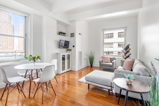 living area featuring a view of city, visible vents, and light wood finished floors