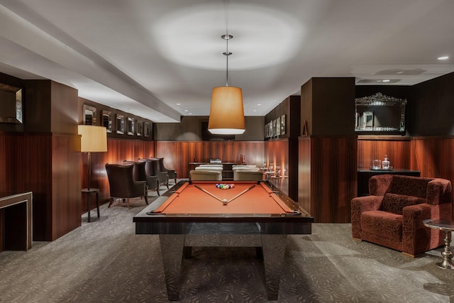 recreation room featuring wooden walls, a wainscoted wall, carpet, and pool table