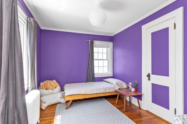 bedroom featuring crown molding, radiator, and dark wood-type flooring
