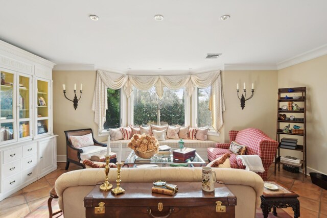 1325 Huckleberry Ln, Hewlett Harbor, NY 11557 - living room with healthy amount of natural light, light tile patterned floors, and ornamental molding