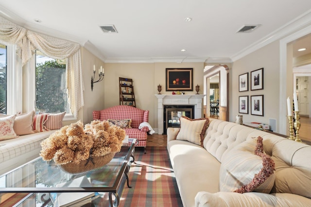 1325 Huckleberry Ln, Hewlett Harbor, NY 11557 - living room with ornamental molding, a glass covered fireplace, and recessed lighting