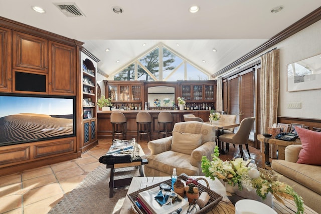 1325 Huckleberry Ln, Hewlett Harbor, NY 11557 - living room with lofted ceiling, light tile patterned floors, and recessed lighting