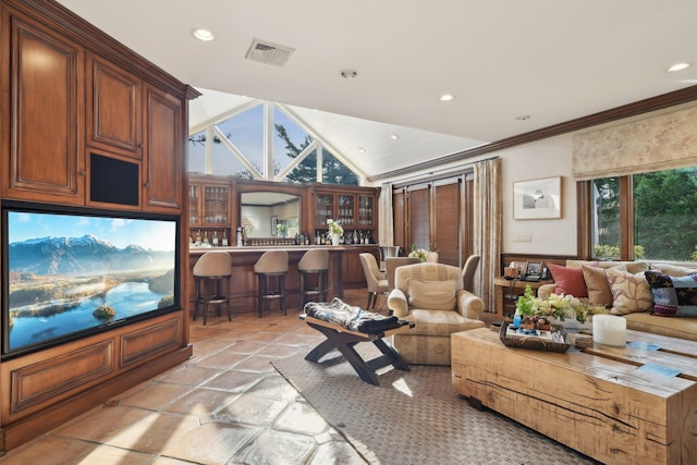 1325 Huckleberry Ln, Hewlett Harbor, NY 11557 - living room featuring crown molding, recessed lighting, vaulted ceiling, and bar