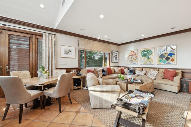 1325 Huckleberry Ln, Hewlett Harbor, NY 11557 - living room with recessed lighting, ornamental molding, and wainscoting