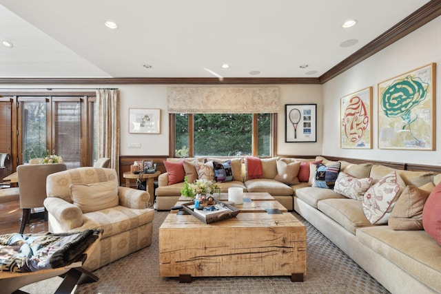 1325 Huckleberry Ln, Hewlett Harbor, NY 11557 - living area featuring a wainscoted wall, healthy amount of natural light, recessed lighting, and crown molding