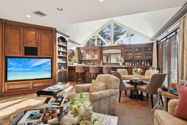 1325 Huckleberry Ln, Hewlett Harbor, NY 11557 - living room featuring vaulted ceiling, recessed lighting, and light tile patterned flooring