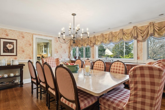 1325 Huckleberry Ln, Hewlett Harbor, NY 11557 - dining room featuring wallpapered walls, wainscoting, a chandelier, dark wood-type flooring, and ornamental molding