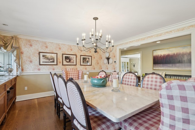 1325 Huckleberry Ln, Hewlett Harbor, NY 11557 - dining area featuring a chandelier, wallpapered walls, dark wood finished floors, crown molding, and wainscoting