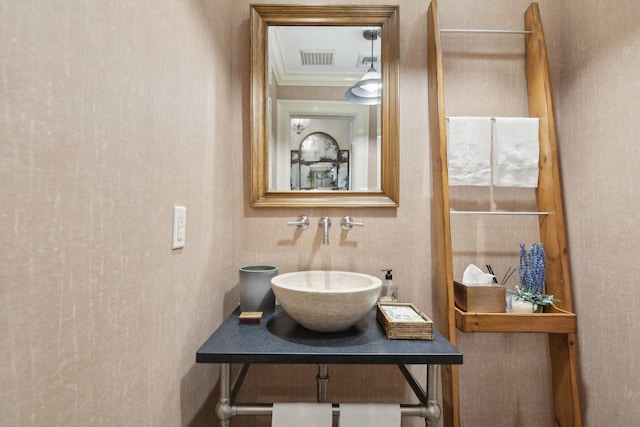 1325 Huckleberry Ln, Hewlett Harbor, NY 11557 - bathroom featuring crown molding and a sink