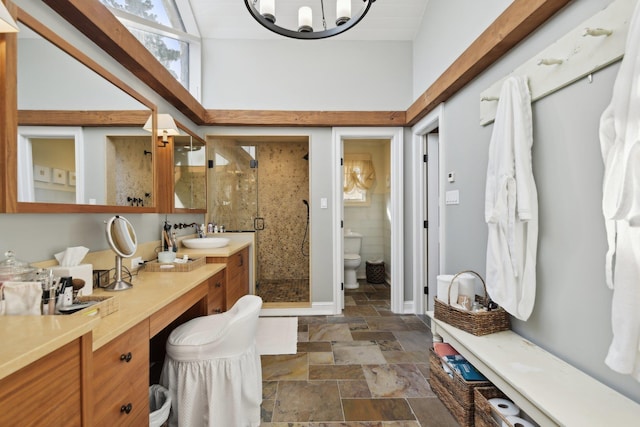 1325 Huckleberry Ln, Hewlett Harbor, NY 11557 - bathroom featuring a shower stall, stone finish flooring, a chandelier, vanity, and toilet