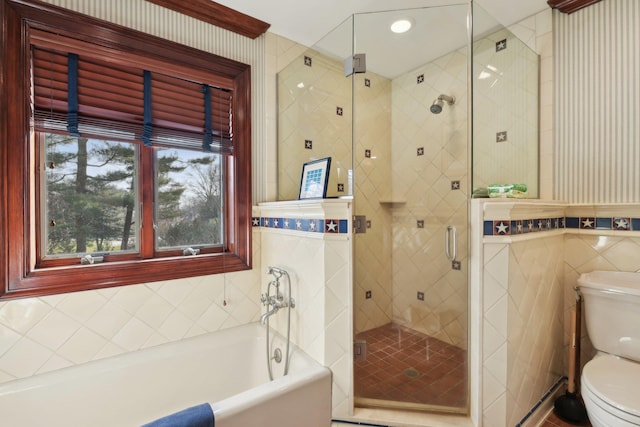 1325 Huckleberry Ln, Hewlett Harbor, NY 11557 - bathroom featuring a garden tub, toilet, tile walls, and a shower stall