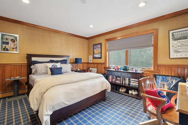 1325 Huckleberry Ln, Hewlett Harbor, NY 11557 - bedroom featuring carpet floors, a wainscoted wall, crown molding, recessed lighting, and baseboard heating