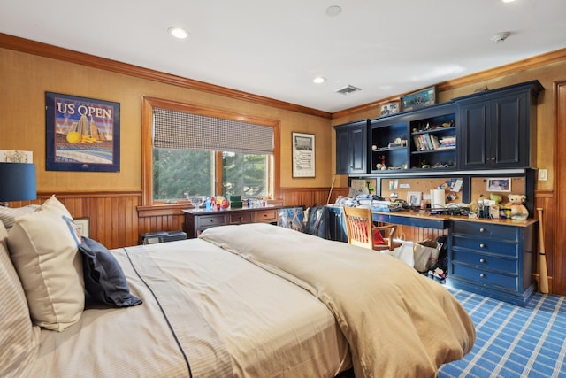 1325 Huckleberry Ln, Hewlett Harbor, NY 11557 - bedroom with wainscoting, crown molding, carpet flooring, recessed lighting, and wooden walls