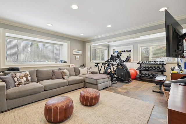 1325 Huckleberry Ln, Hewlett Harbor, NY 11557 - living room featuring plenty of natural light, ornamental molding, recessed lighting, and stone tile flooring