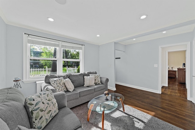 living area with crown molding, recessed lighting, and dark wood-style floors