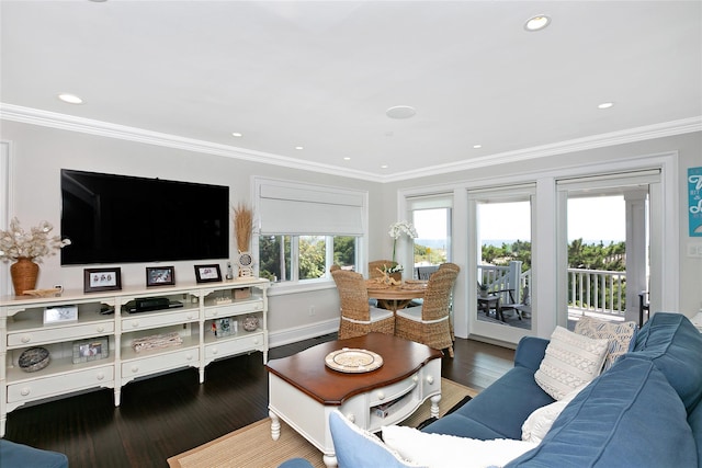 879 Oceanfront, Long Beach, NY 11561 - living area featuring wood finished floors, crown molding, recessed lighting, and baseboards
