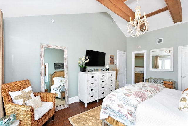 879 Oceanfront, Long Beach, NY 11561 - bedroom featuring a chandelier, high vaulted ceiling, dark wood-style flooring, beam ceiling, and baseboards