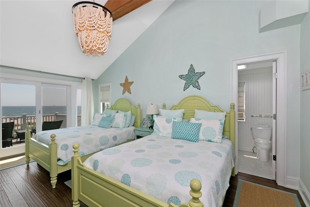 879 Oceanfront, Long Beach, NY 11561 - bedroom featuring access to exterior, wood finished floors, a chandelier, ensuite bathroom, and high vaulted ceiling