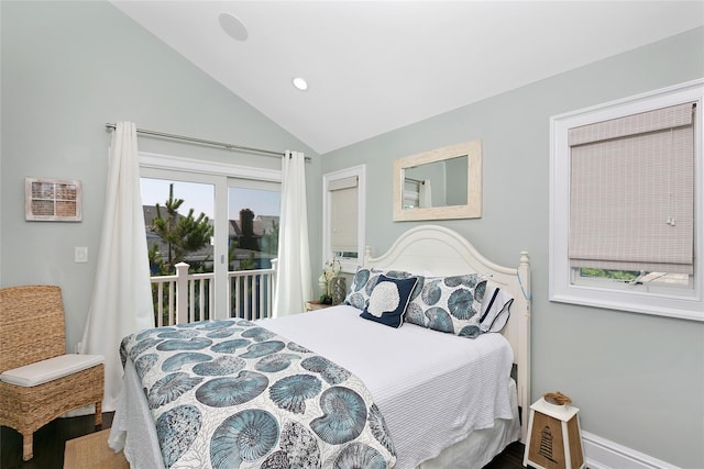 879 Oceanfront, Long Beach, NY 11561 - bedroom featuring access to exterior, vaulted ceiling, recessed lighting, and wood finished floors