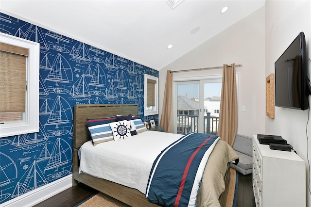 879 Oceanfront, Long Beach, NY 11561 - bedroom featuring wallpapered walls, wood finished floors, access to outside, vaulted ceiling, and recessed lighting