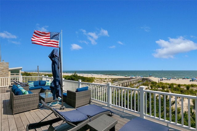879 Oceanfront, Long Beach, NY 11561 - wooden terrace featuring an outdoor living space and view of water and beach