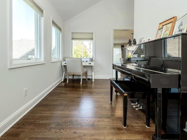 sitting room with vaulted ceiling, wood finished floors, and baseboards