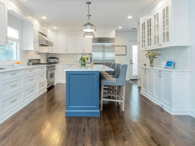 kitchen with premium appliances, under cabinet range hood, decorative backsplash, light countertops, and recessed lighting