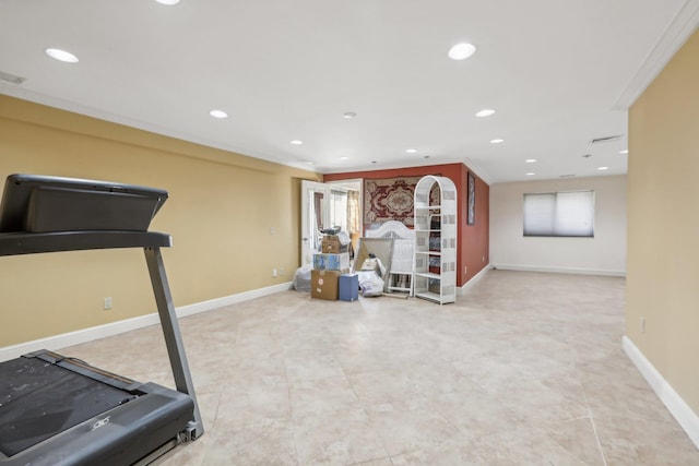 workout area with baseboards, tile patterned flooring, and recessed lighting