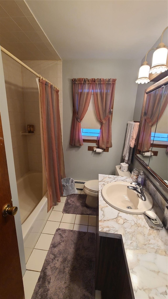 bathroom featuring baseboard heating, tile patterned floors, vanity, toilet, and shower / tub combo with curtain