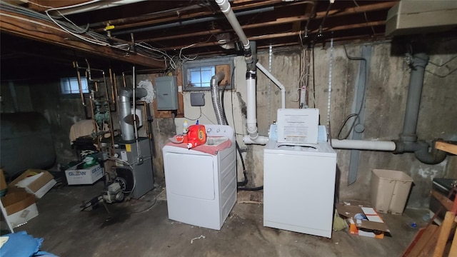 below grade area with washer and dryer, a heating unit, heating fuel, and electric panel