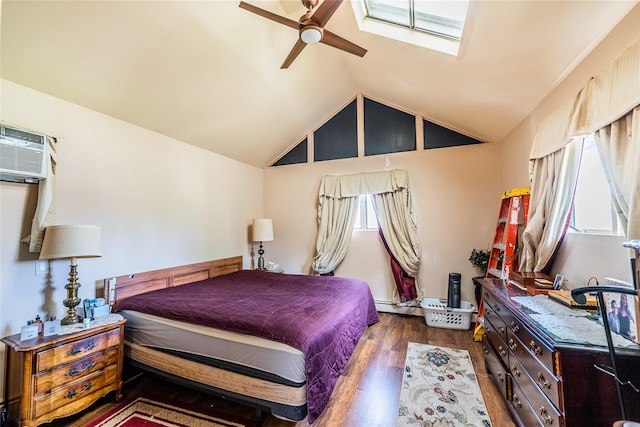 14-35 161st St, Beechhurst, NY 11357 - bedroom with a wall unit AC, baseboard heating, vaulted ceiling, wood finished floors, and a ceiling fan