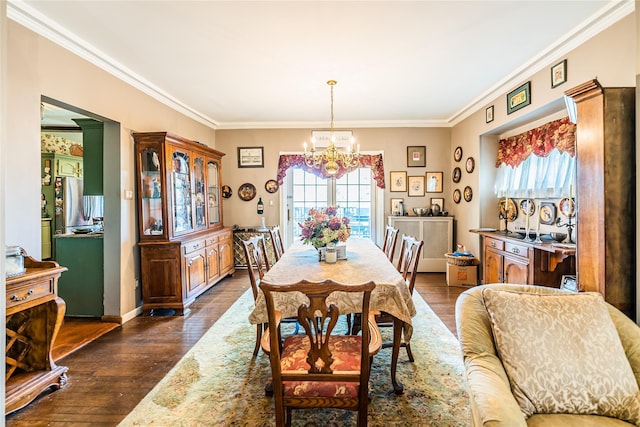 14-35 161st St, Beechhurst, NY 11357 - dining space featuring a chandelier, a wealth of natural light, crown molding, and dark wood finished floors