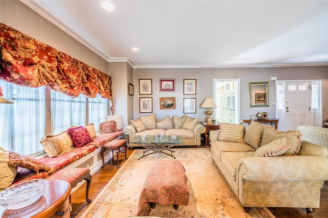 14-35 161st St, Beechhurst, NY 11357 - living area with crown molding, recessed lighting, and wood finished floors