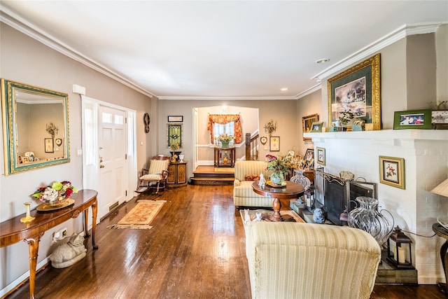 14-35 161st St, Beechhurst, NY 11357 - living area featuring crown molding, recessed lighting, hardwood / wood-style floors, and a fireplace