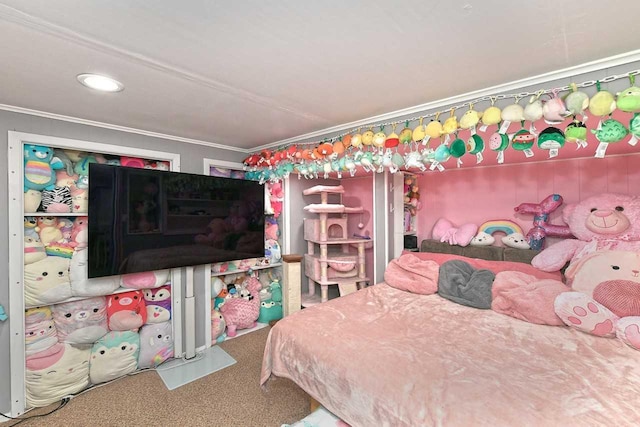 carpeted bedroom featuring crown molding and recessed lighting