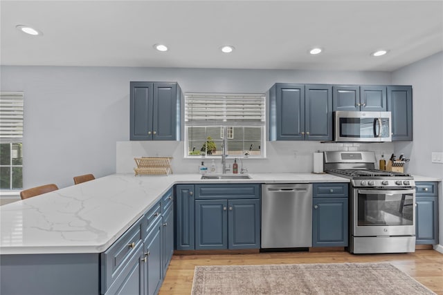 kitchen featuring a sink, stainless steel appliances, a peninsula, and light wood-style flooring