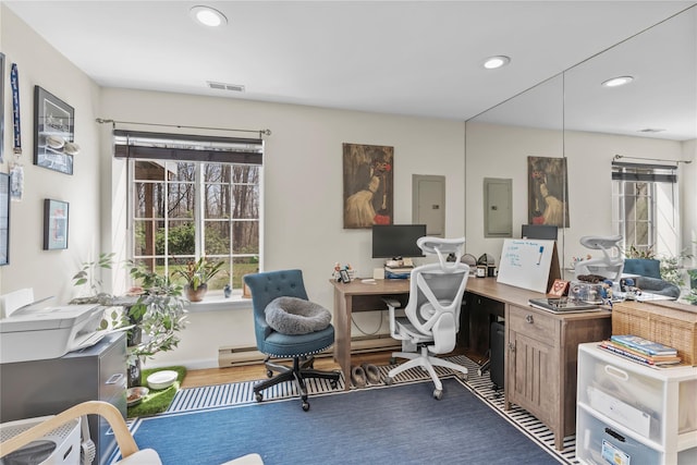 office featuring electric panel, recessed lighting, wood finished floors, and visible vents