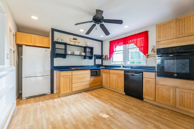 159 S Harrison Ave, Congers, NY 10920 - kitchen with black appliances, open shelves, light wood-type flooring, ceiling fan, and a sink