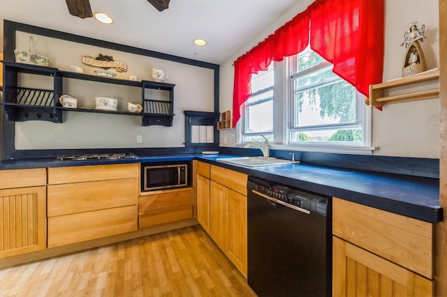 159 S Harrison Ave, Congers, NY 10920 - kitchen with black dishwasher, a sink, dark countertops, stainless steel microwave, and open shelves